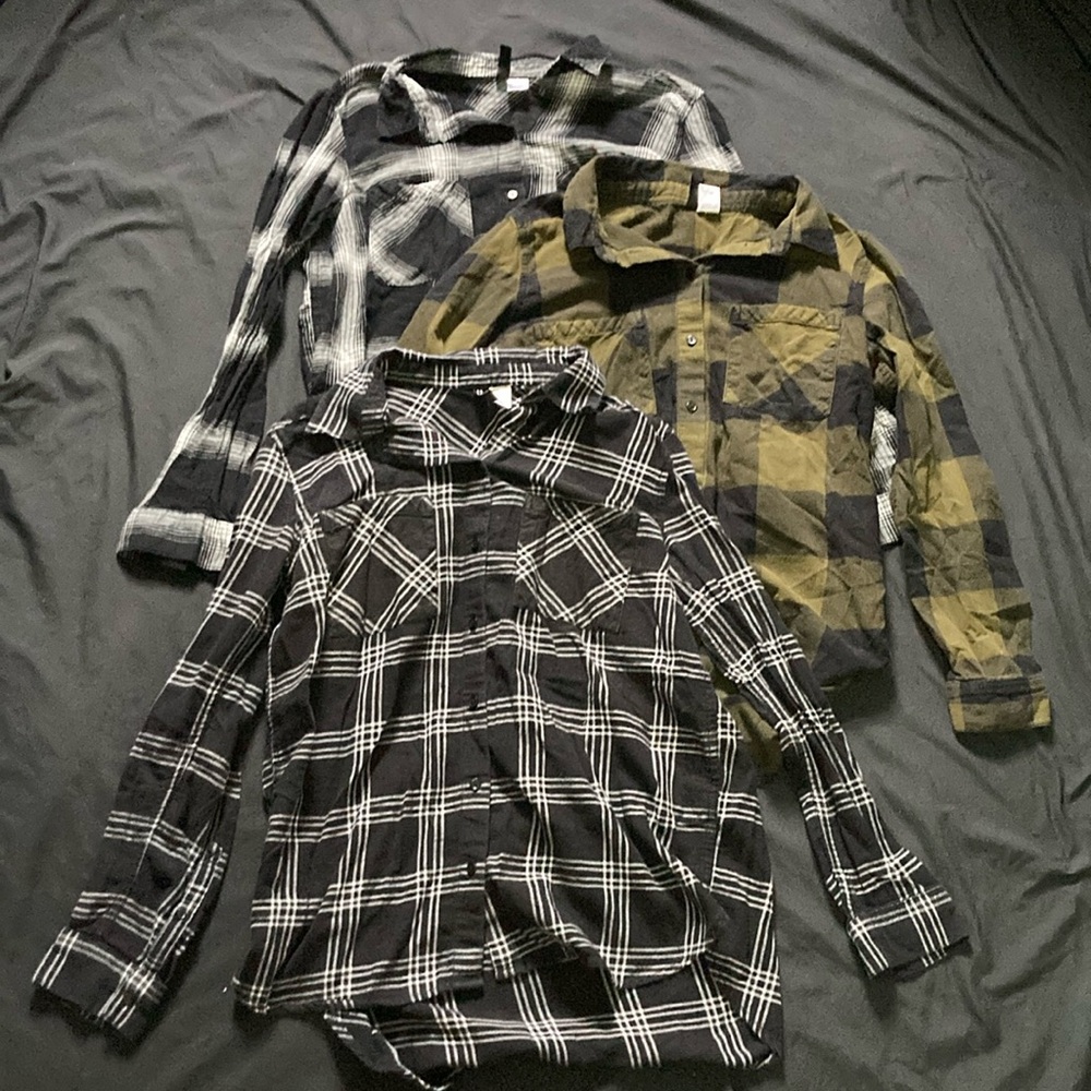 Lot of 3 Divided Plaid Flannel Button Up Long Sleeve Black White Green Size 6